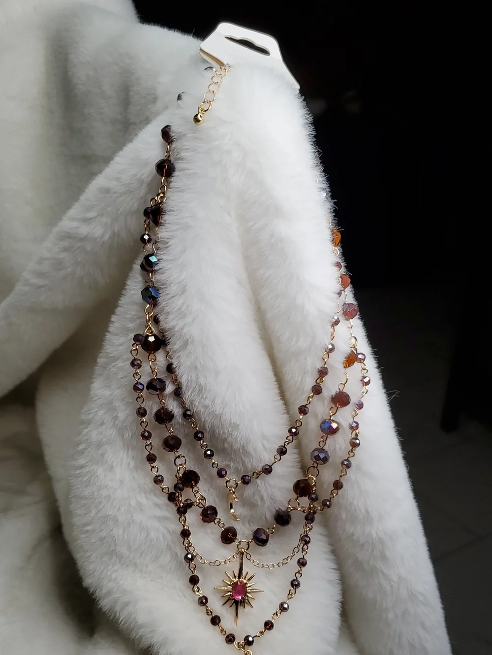Fashion Jewelry Gold-Tone Layered Necklace with Brown Beads and Pink Star Accent